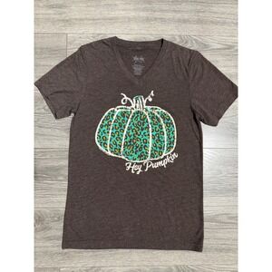 Womens Hey Pumpkin Leopard Print‎ V-Neck Graphic T-Shirt Brown S Thanksgiving